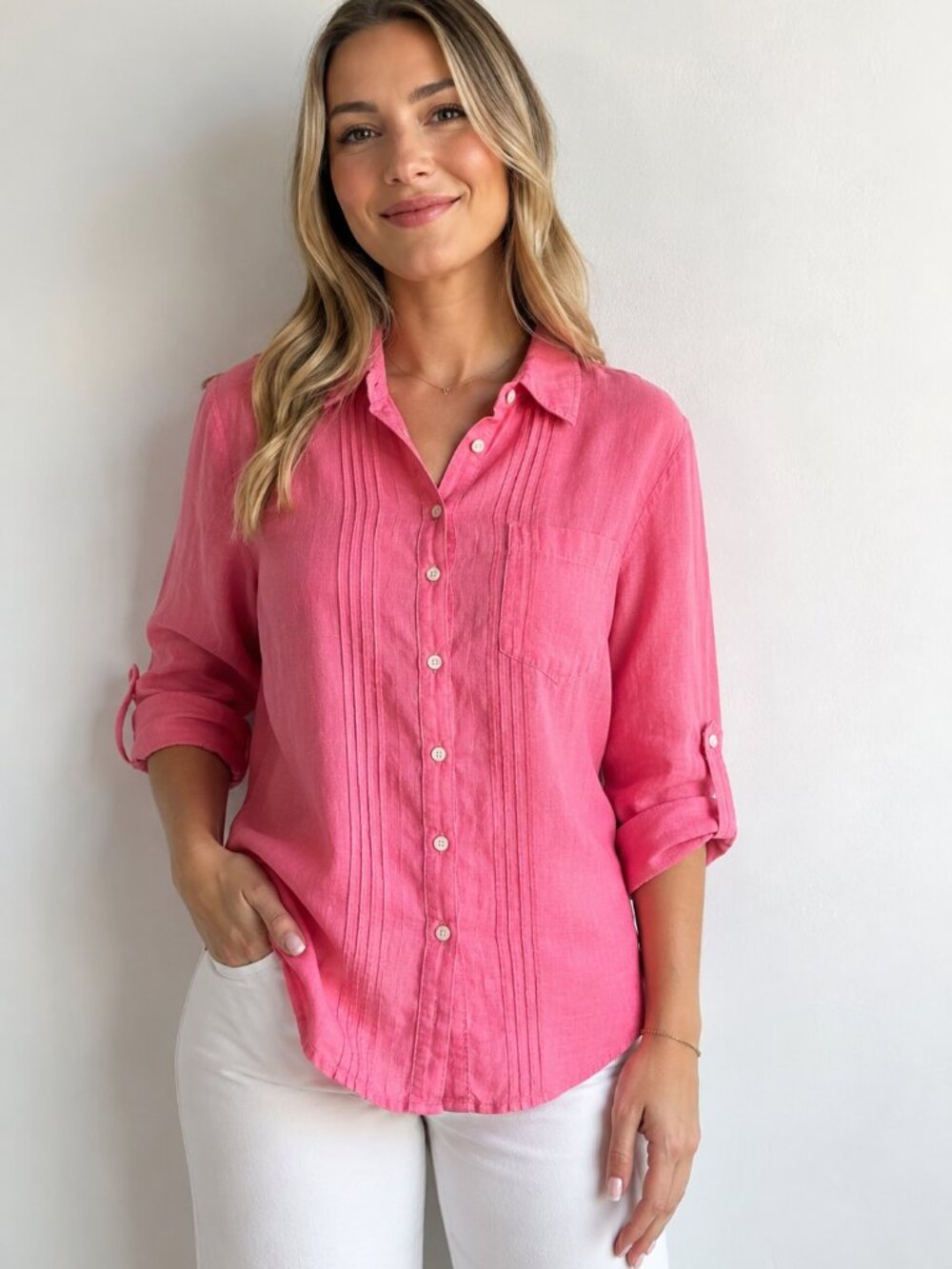 Tommy Bahama Pink 100% Linen Roll Tab Button Shirt Large